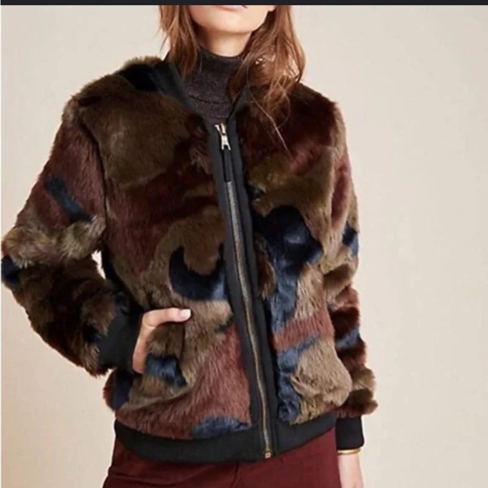 Anthropologie Marrakech Alyssa Camo Faux Fur Bomber Jacket Sz M Moss